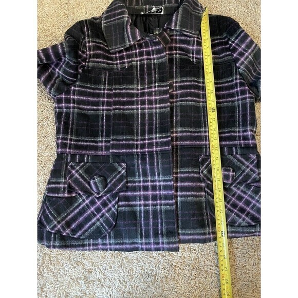 Keren Hart Coat Purple Buffalo Plaid Wool Blend Jacket Size Large Pockets - Picture 8 of 11